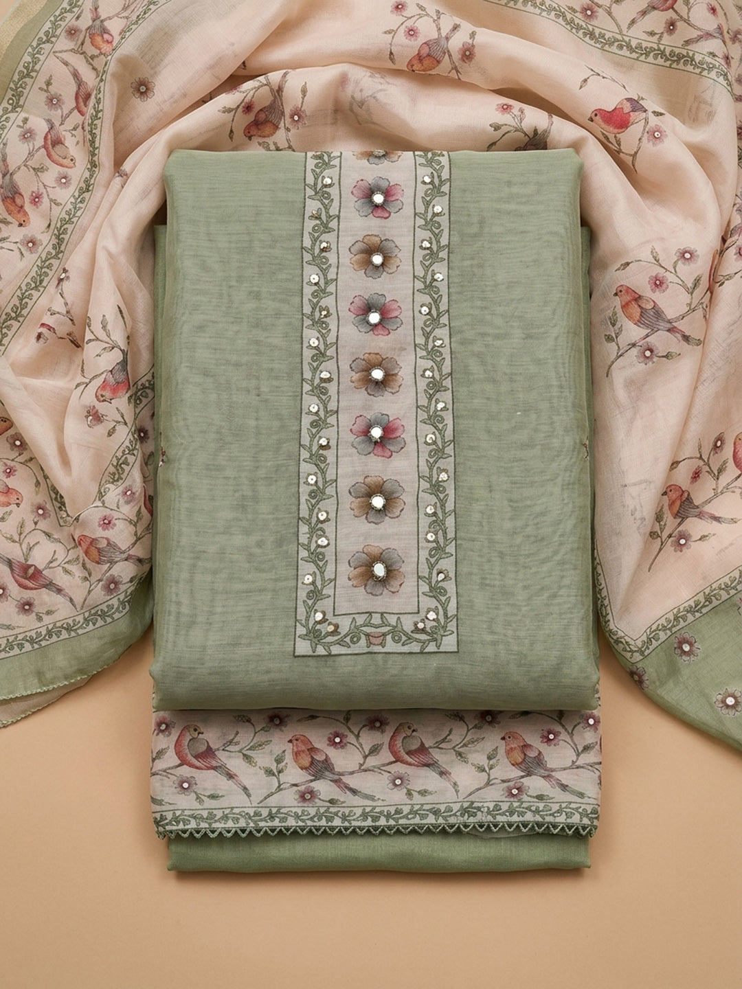 Pista Green Embroidered Linen Blend Unstitched Suit &amp; Pant With Linen Dupatta