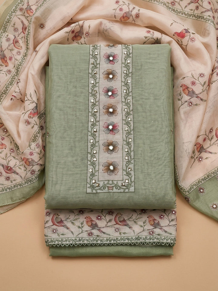 Pista Green Embroidered Linen Blend Unstitched Suit &amp; Pant With Linen Dupatta