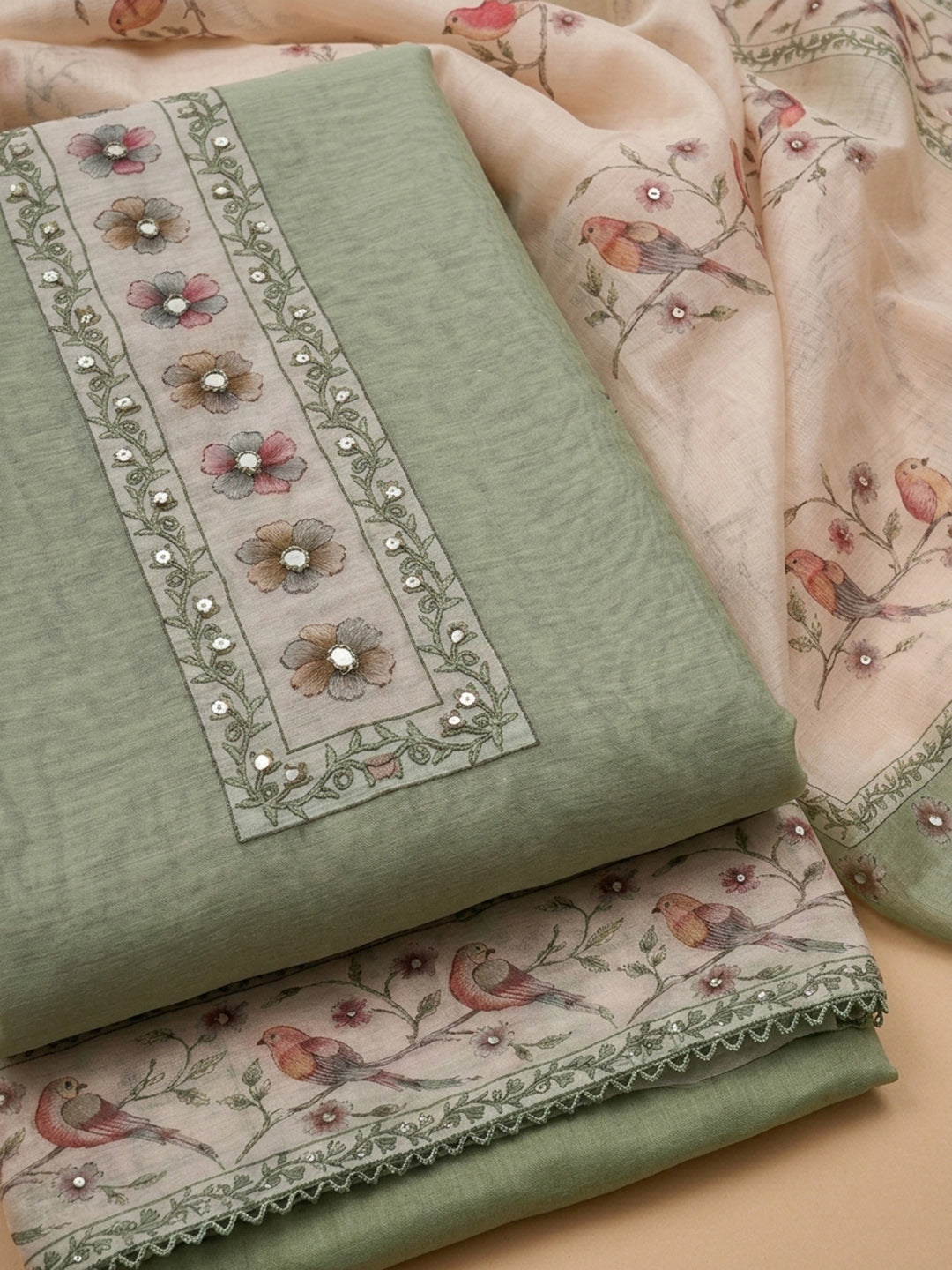 Pista Green Embroidered Linen Blend Unstitched Suit &amp; Pant With Linen Dupatta