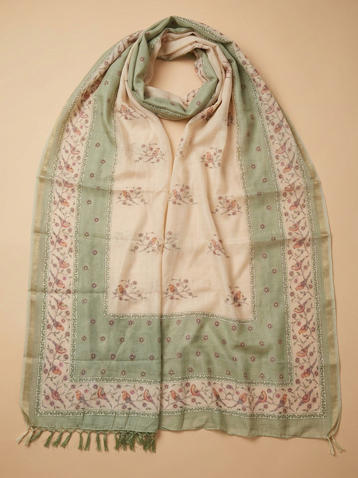 Pista Green Embroidered Linen Blend Unstitched Suit &amp; Pant With Linen Dupatta