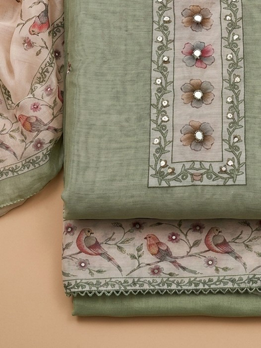 Pista Green Embroidered Linen Blend Unstitched Suit &amp; Pant With Linen Dupatta