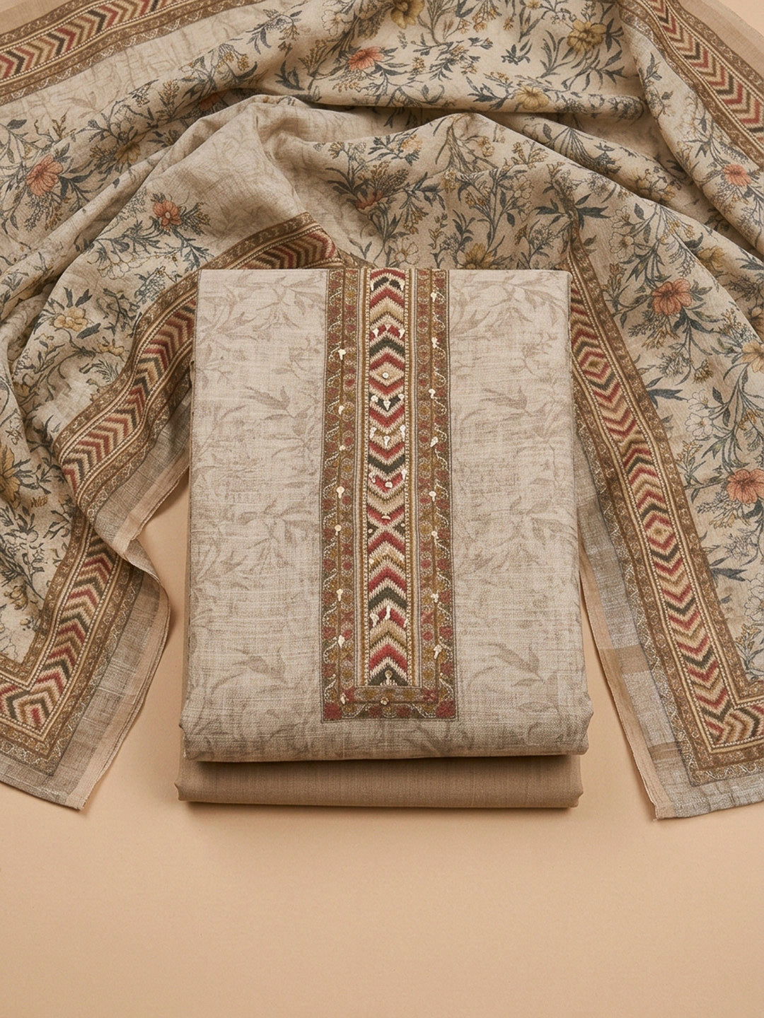 Beige Printed Linen Blend Unstitched Dress Material