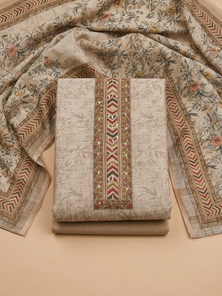 Beige Printed Linen Blend Unstitched Dress Material