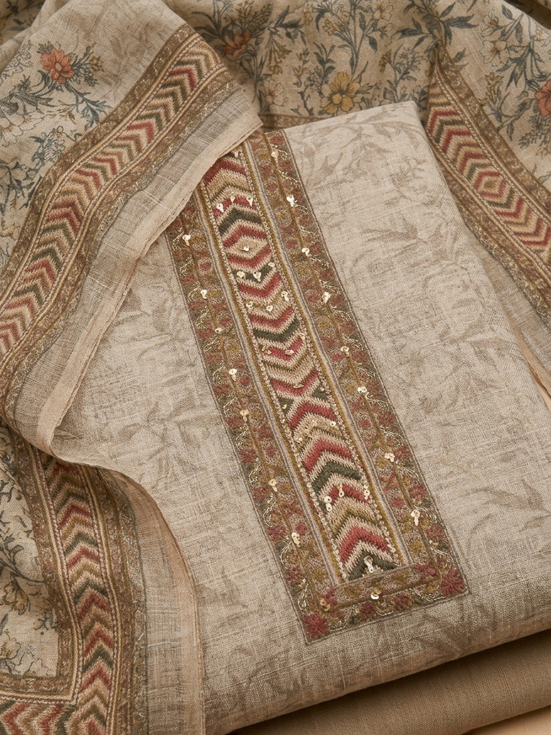 Beige Printed Linen Blend Unstitched Dress Material