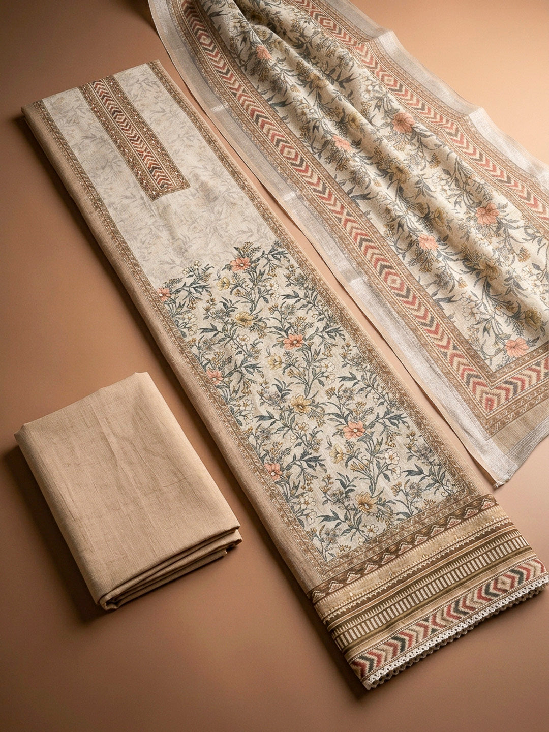 Beige Printed Linen Blend Unstitched Dress Material