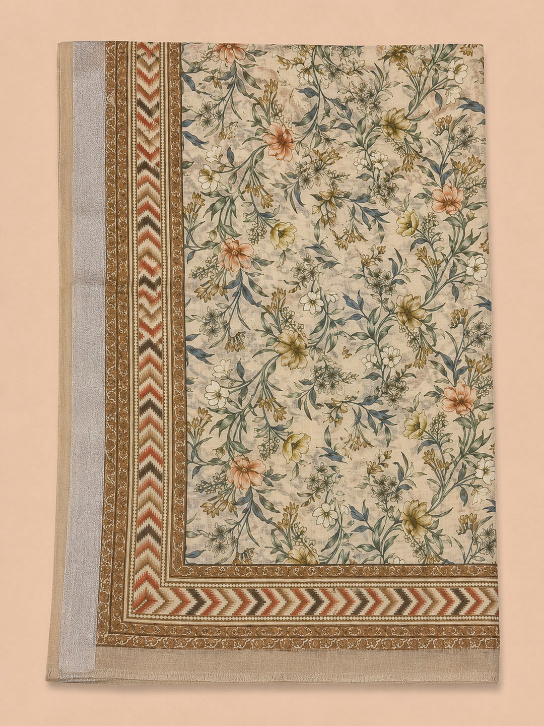 Beige Printed Linen Blend Unstitched Dress Material