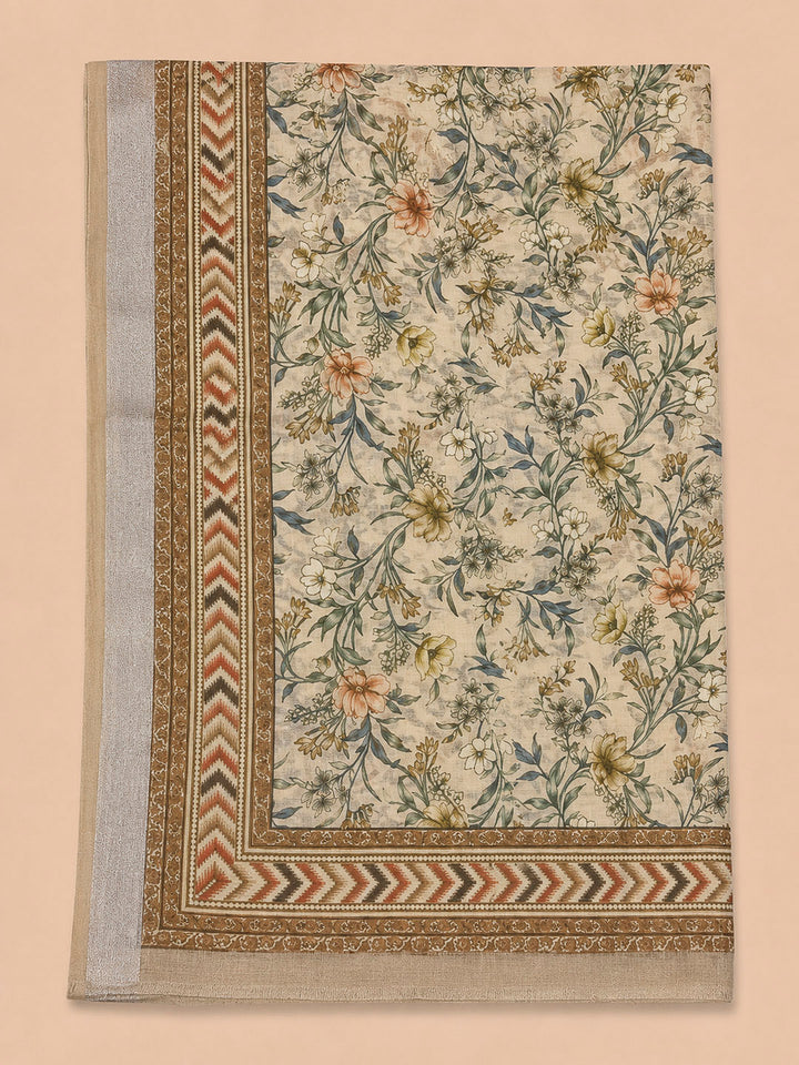 Beige Printed Linen Blend Unstitched Dress Material