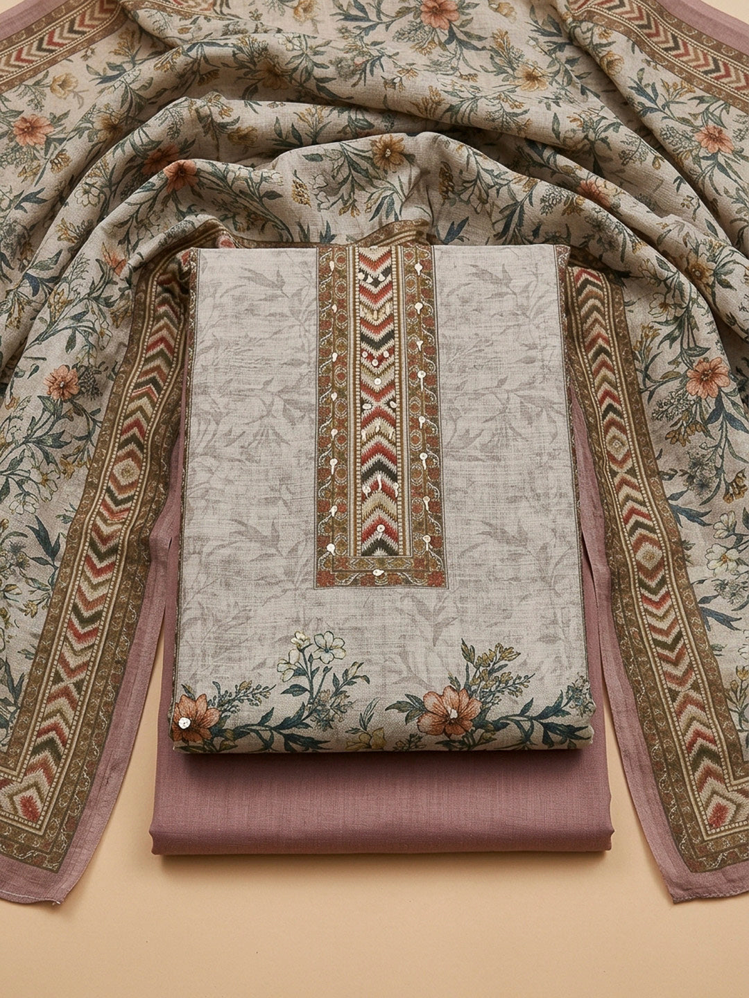 Onion Pink Printed Linen Blend Unstitched Dress Material