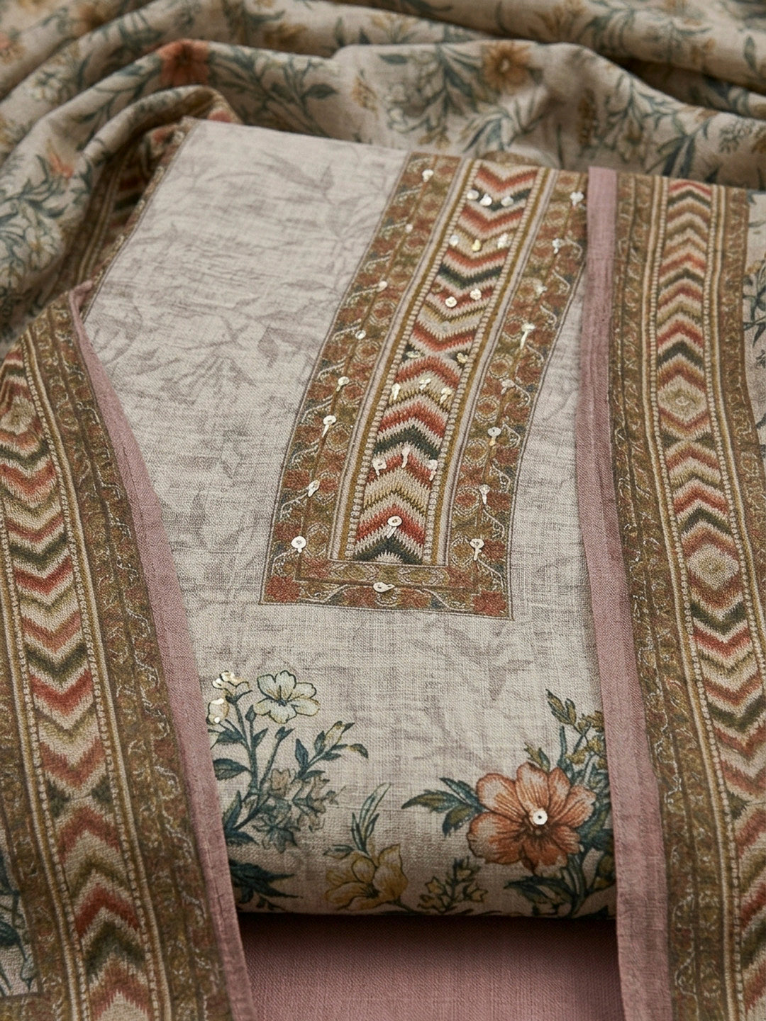 Onion Pink Printed Linen Blend Unstitched Dress Material