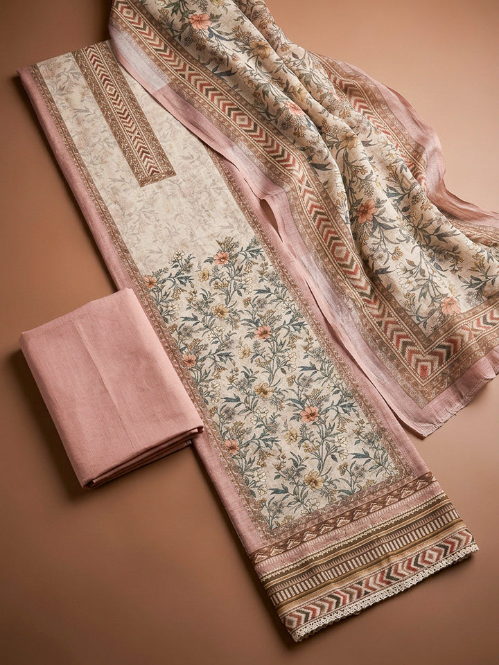 Onion Pink Printed Linen Blend Unstitched Dress Material