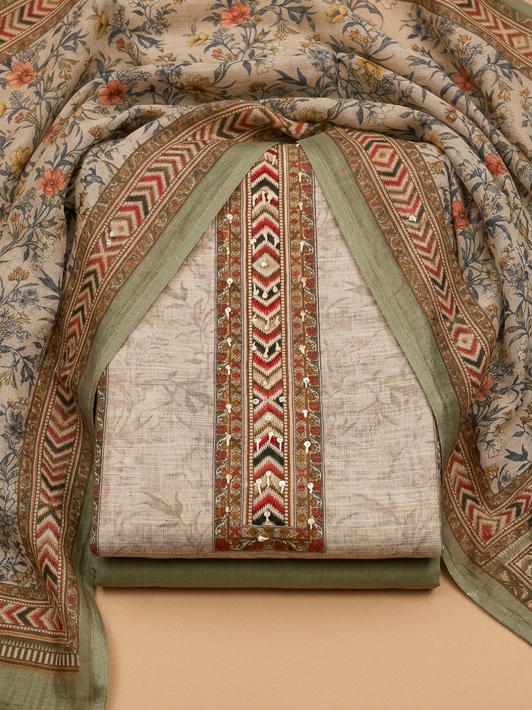 Pista Green Printed Linen Blend Unstitched Dress Material