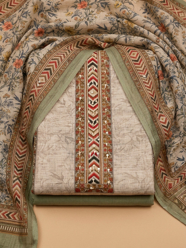 Pista Green Printed Linen Blend Unstitched Dress Material