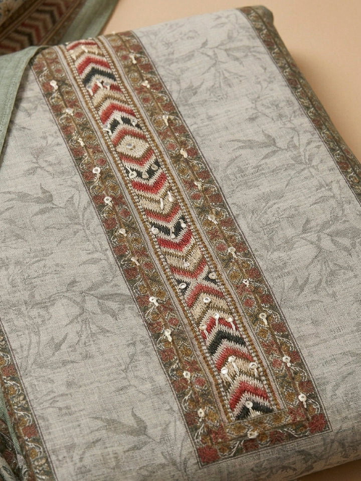 Pista Green Printed Linen Blend Unstitched Dress Material