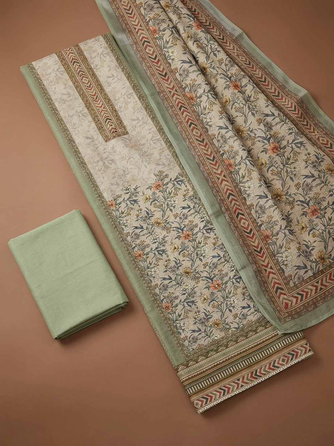 Pista Green Printed Linen Blend Unstitched Dress Material