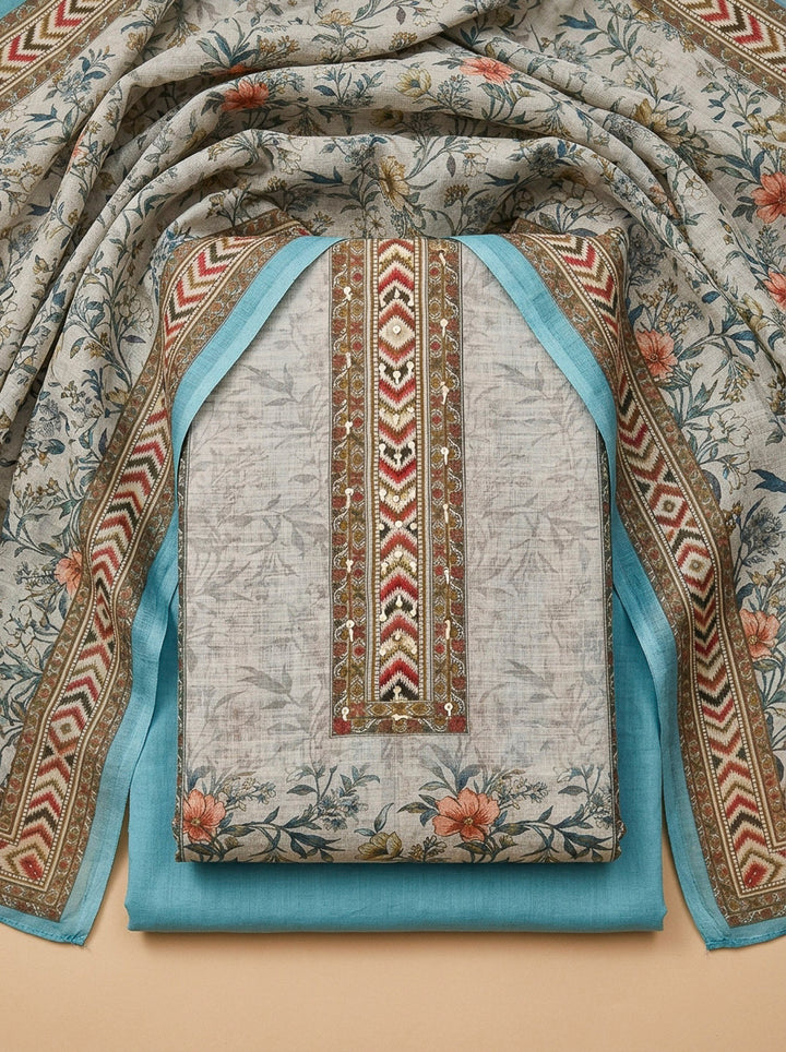 Sky Blue Printed Linen Blend Unstitched Dress Material