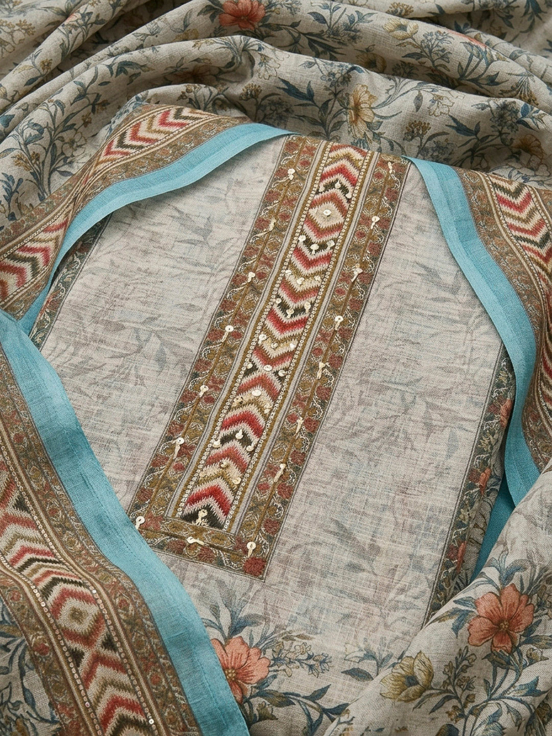 Sky Blue Printed Linen Blend Unstitched Dress Material