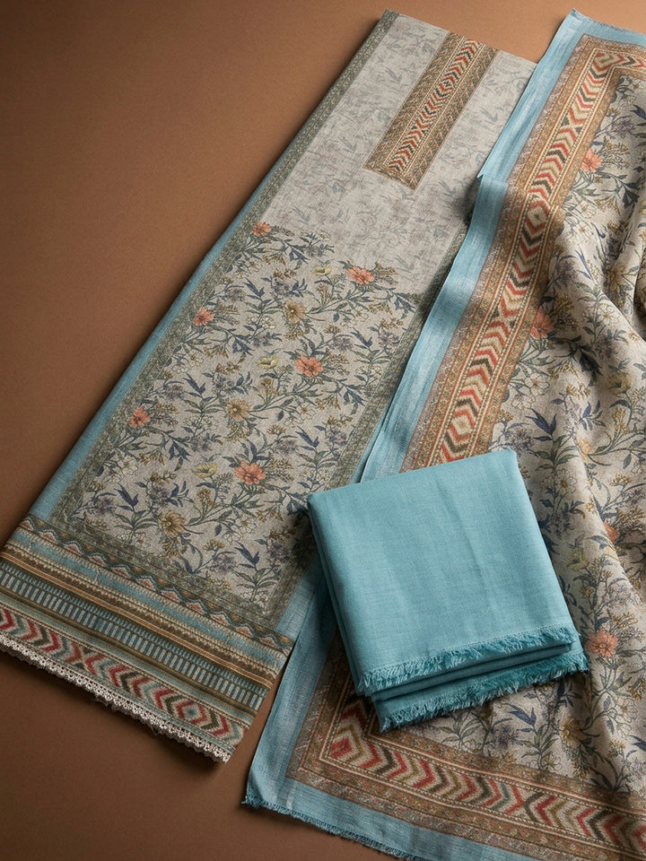 Sky Blue Printed Linen Blend Unstitched Dress Material