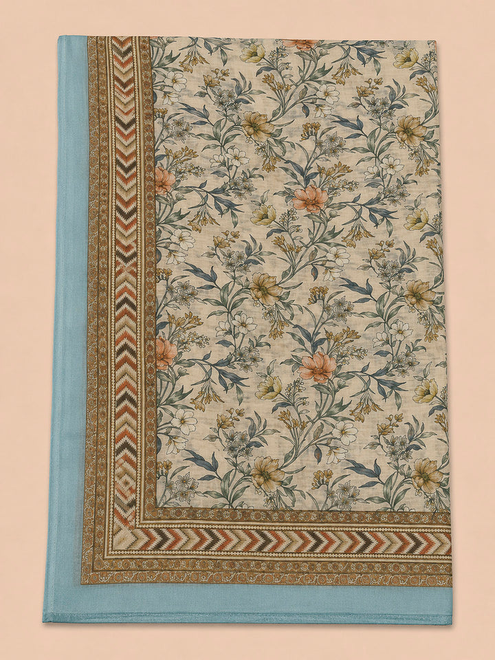 Sky Blue Printed Linen Blend Unstitched Dress Material