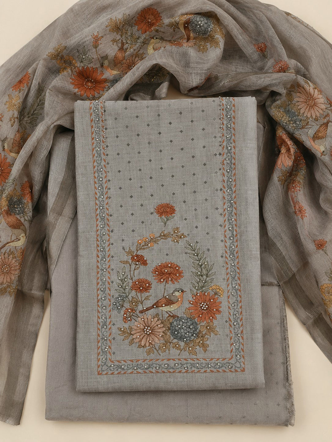 Brown Printed Linen Blend Unstitched Suit &amp; Pant With Linen Dupatta