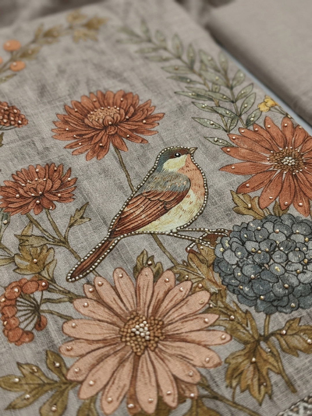 Brown Printed Linen Blend Unstitched Suit &amp; Pant With Linen Dupatta