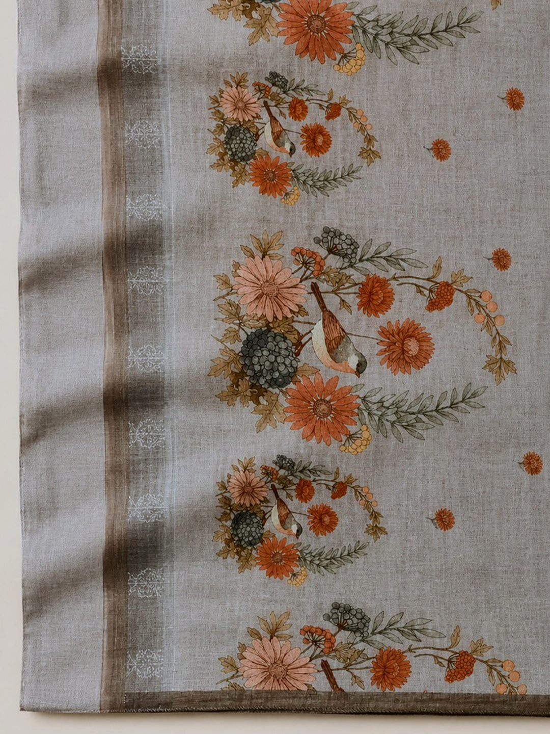 Brown Printed Linen Blend Unstitched Suit &amp; Pant With Linen Dupatta
