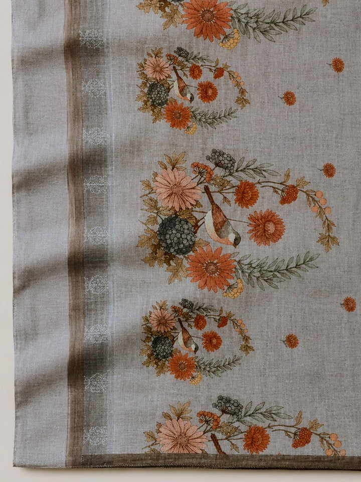 Brown Printed Linen Blend Unstitched Suit &amp; Pant With Linen Dupatta