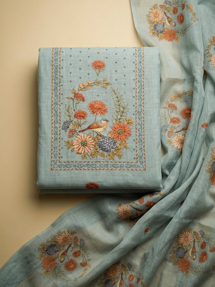 Green Printed Linen Blend Unstitched Suit &amp; Pant With Linen Dupatta