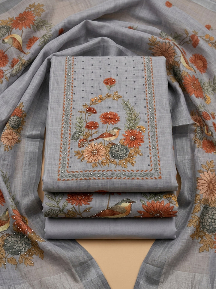 Grey Printed Linen Blend Unstitched Suit &amp; Pant With Linen Dupatta