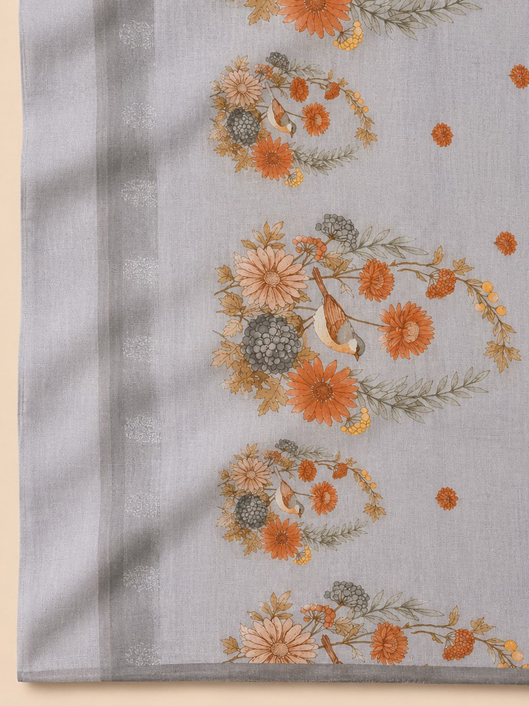 Grey Printed Linen Blend Unstitched Suit &amp; Pant With Linen Dupatta