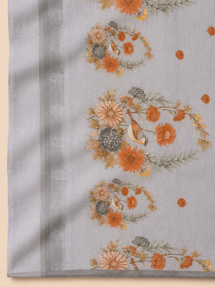 Grey Printed Linen Blend Unstitched Suit &amp; Pant With Linen Dupatta