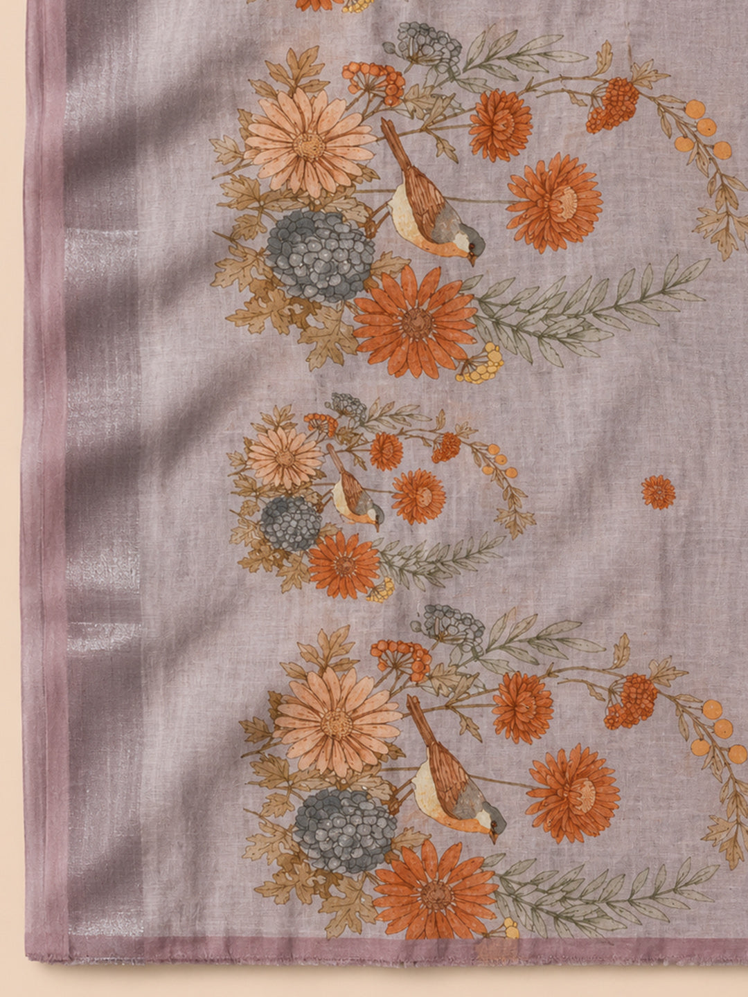 Onion Pink Printed Linen Blend Unstitched Suit &amp; Pant With Linen Dupatta