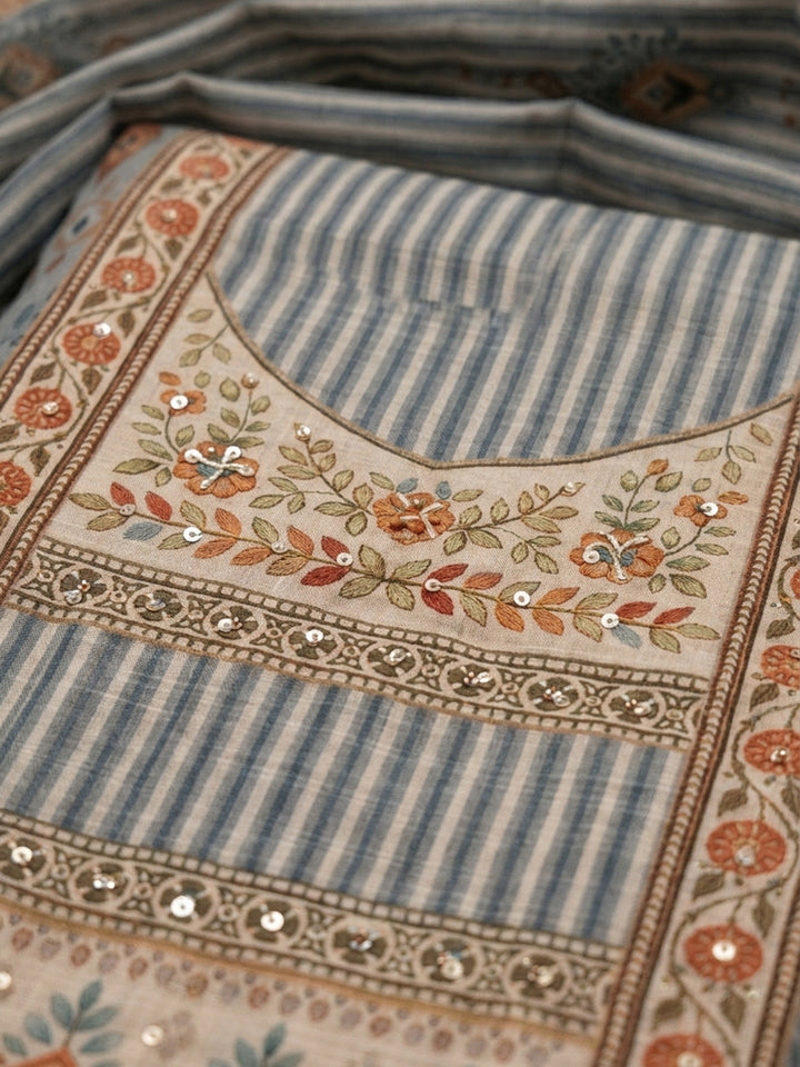 Grey Embroidered Linen Blend Unstitched Suit &amp; Pant With Linen Dupatta