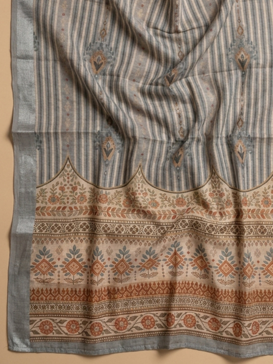 Grey Embroidered Linen Blend Unstitched Suit &amp; Pant With Linen Dupatta