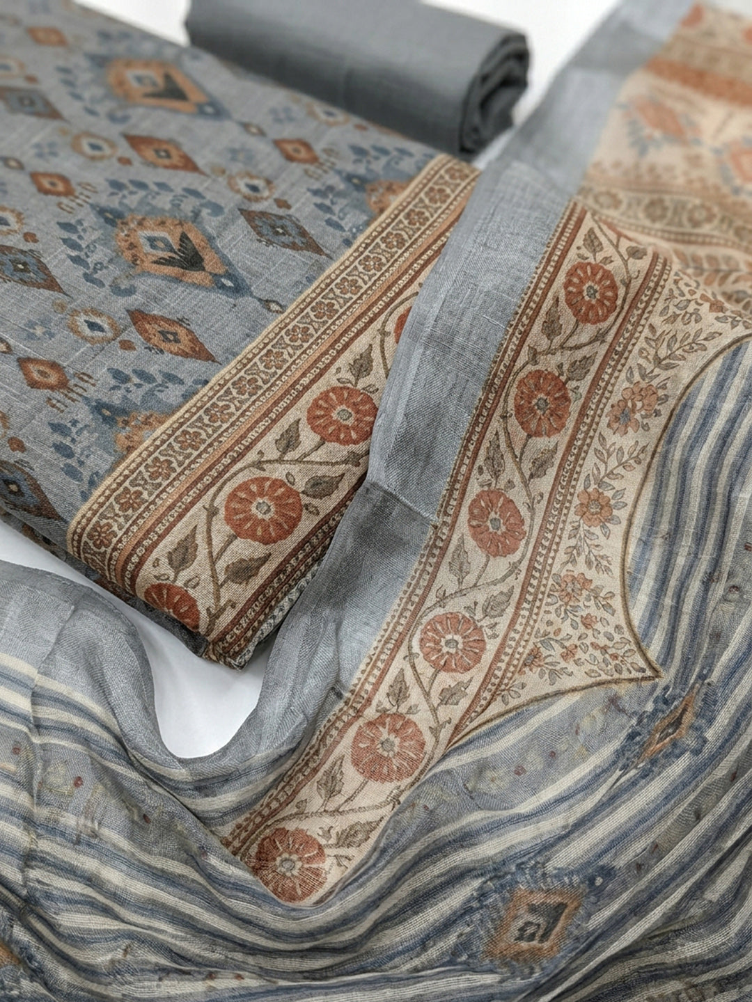 Grey Embroidered Linen Blend Unstitched Suit &amp; Pant With Linen Dupatta