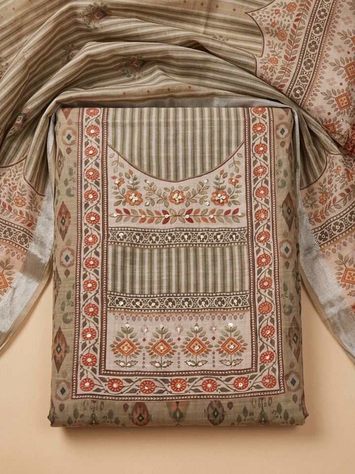 Mehndi Embroidered Linen Blend Unstitched Suit &amp; Pant With Linen Dupatta