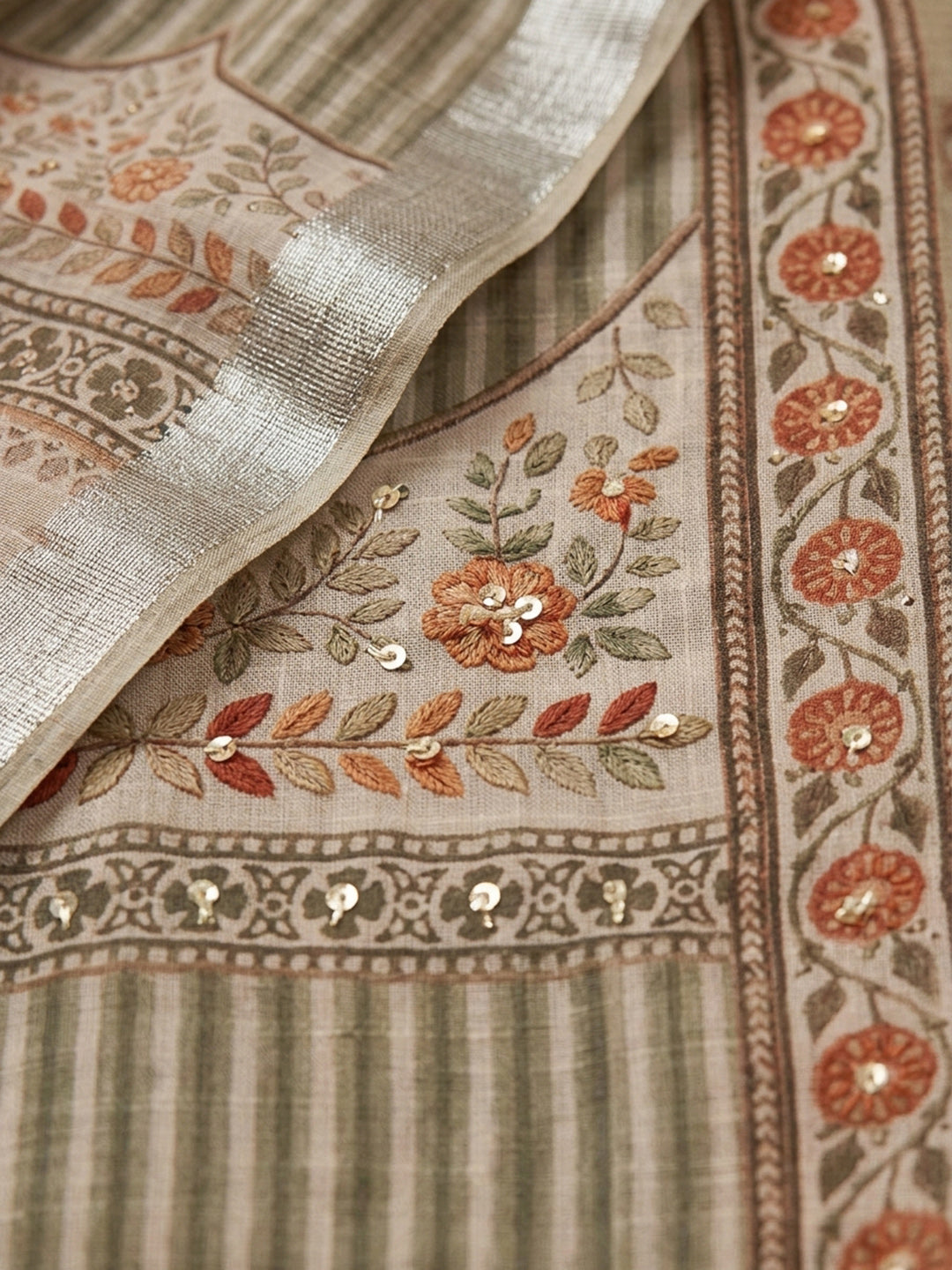 Mehndi Embroidered Linen Blend Unstitched Suit &amp; Pant With Linen Dupatta