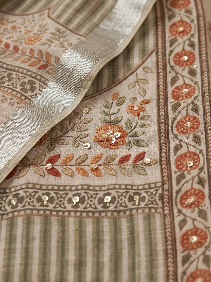 Mehndi Embroidered Linen Blend Unstitched Suit &amp; Pant With Linen Dupatta