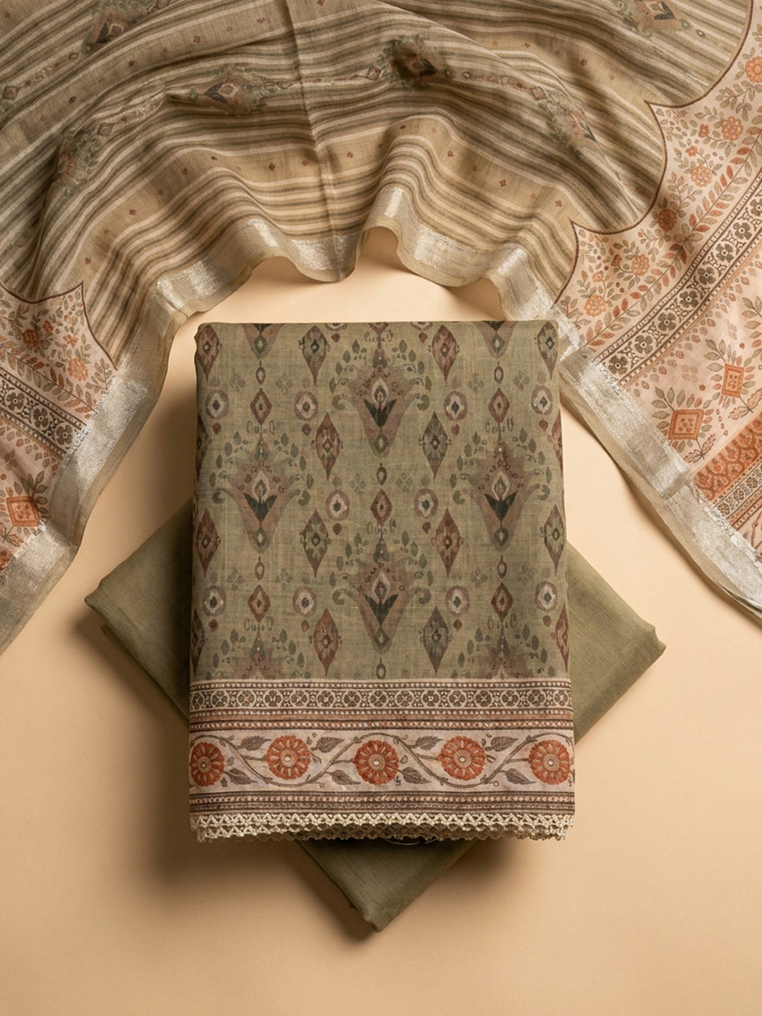 Mehndi Embroidered Linen Blend Unstitched Suit &amp; Pant With Linen Dupatta