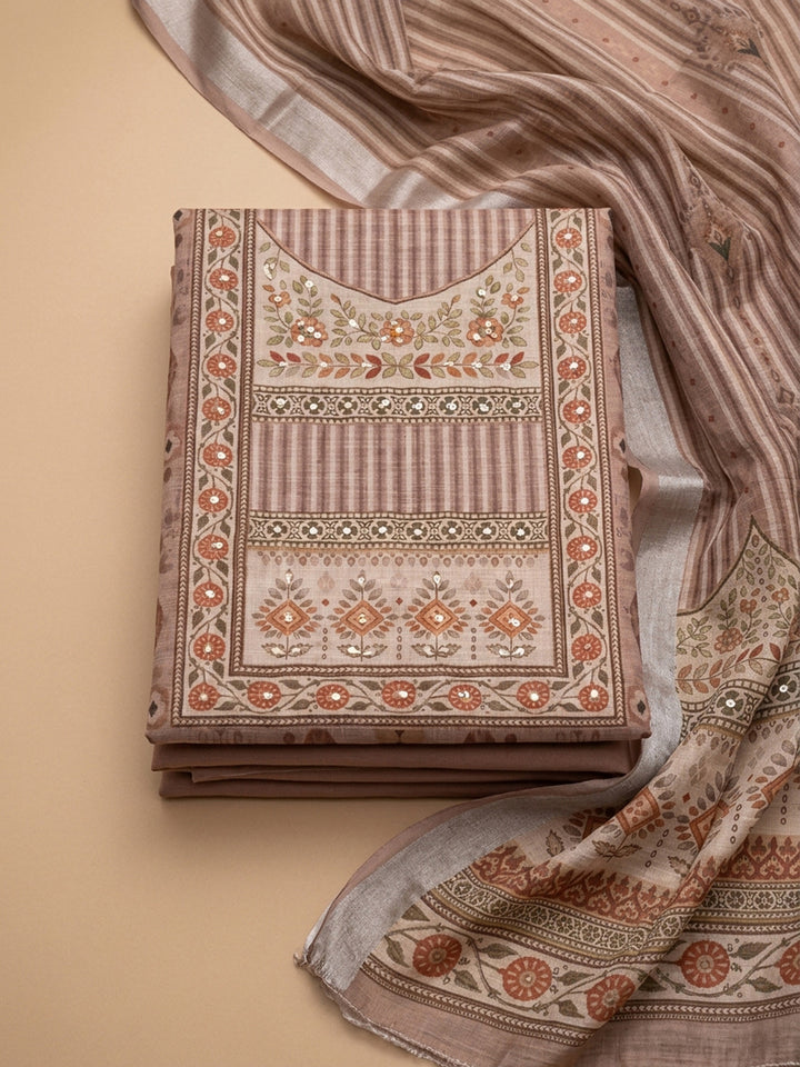 Peach Embroidered Linen Blend Unstitched Suit &amp; Pant With Linen Dupatta