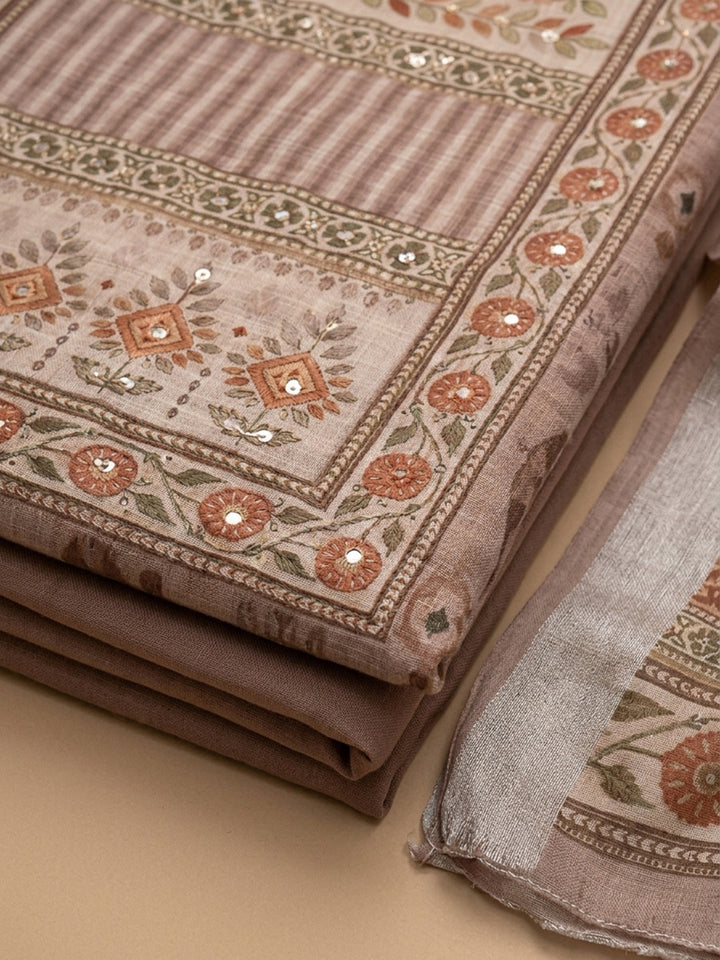 Peach Embroidered Linen Blend Unstitched Suit &amp; Pant With Linen Dupatta