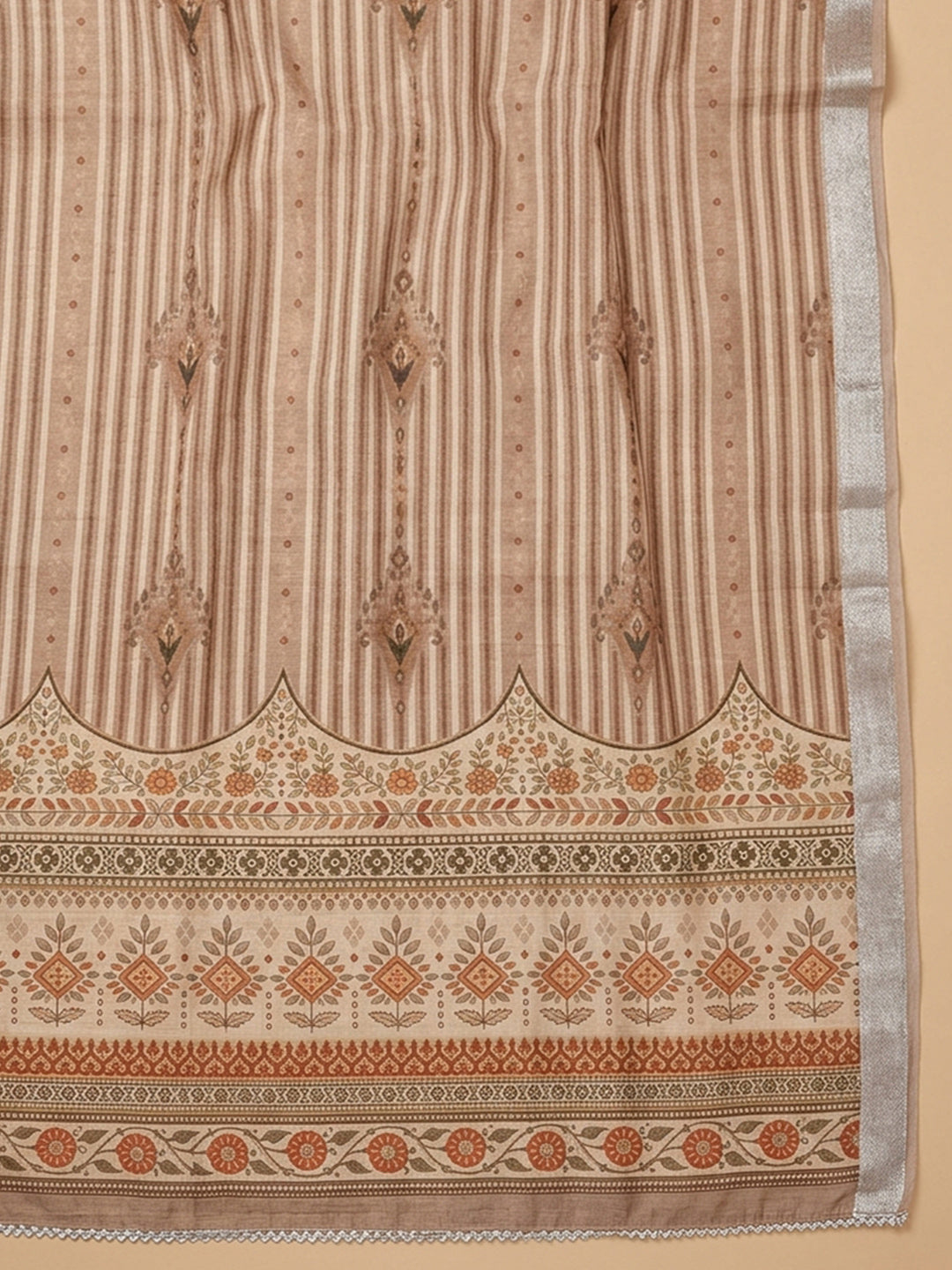 Peach Embroidered Linen Blend Unstitched Suit &amp; Pant With Linen Dupatta