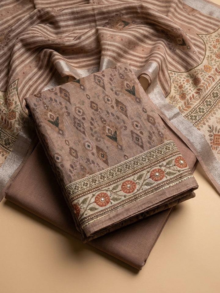 Peach Embroidered Linen Blend Unstitched Suit &amp; Pant With Linen Dupatta