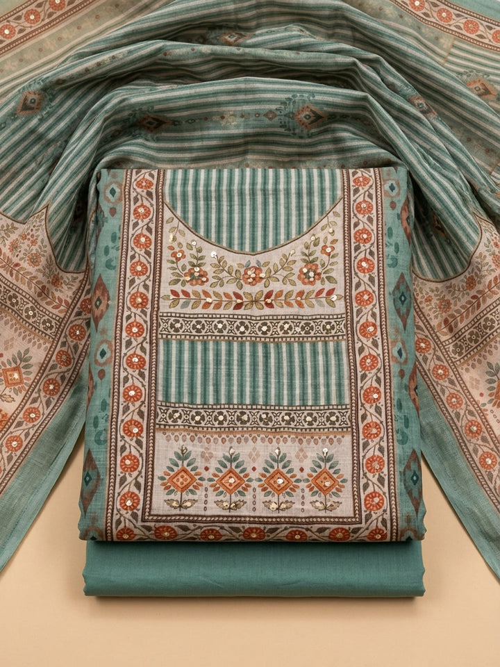Pista Green Embroidered Linen Blend Unstitched Suit &amp; Pant With Linen Dupatta