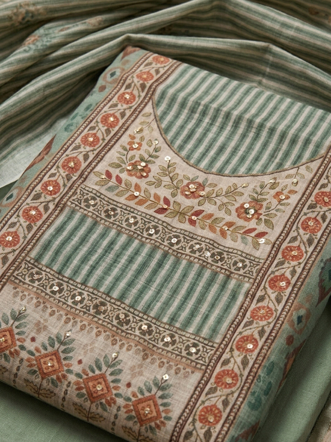 Pista Green Embroidered Linen Blend Unstitched Suit &amp; Pant With Linen Dupatta