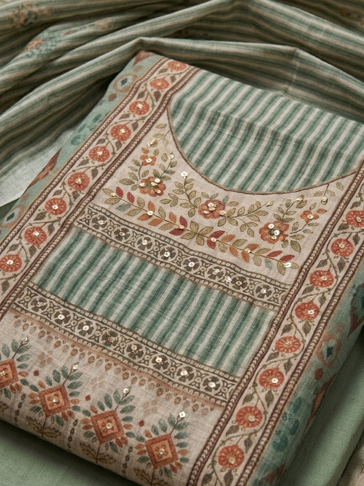 Pista Green Embroidered Linen Blend Unstitched Suit &amp; Pant With Linen Dupatta