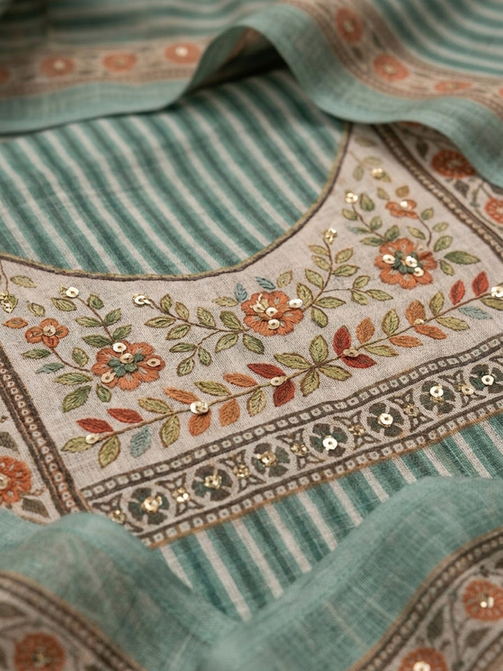 Pista Green Embroidered Linen Blend Unstitched Suit &amp; Pant With Linen Dupatta