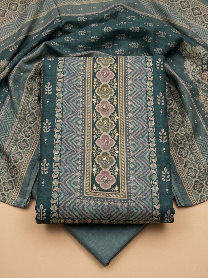 Blue Printed Chanderi Unstitched Suit &amp; Pant With Chanderi Dupatta