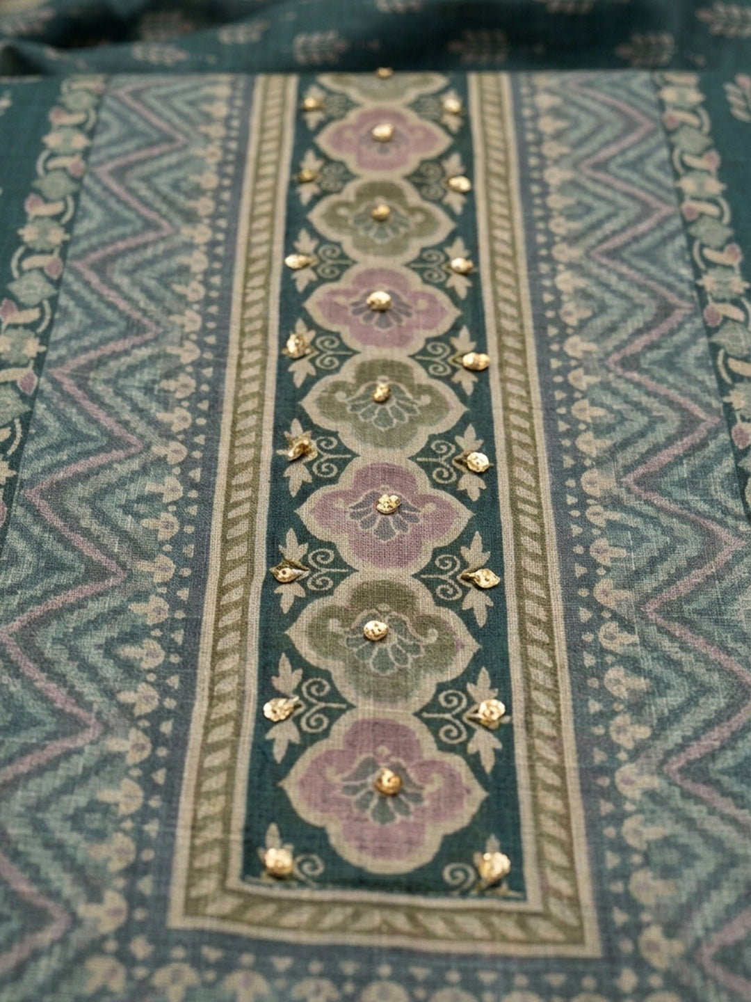 Blue Printed Chanderi Unstitched Suit &amp; Pant With Chanderi Dupatta