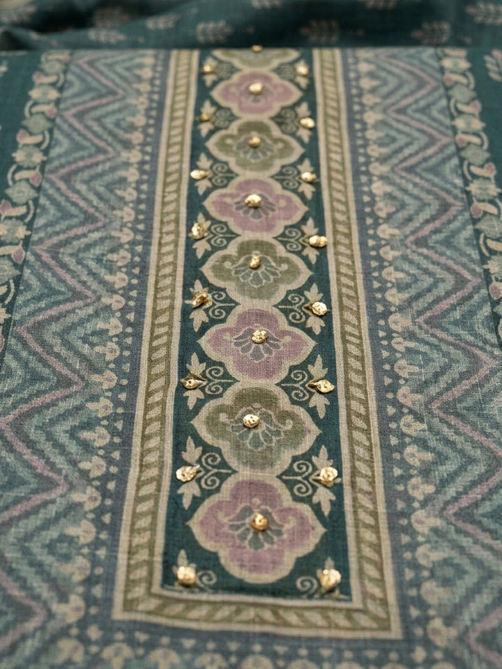 Blue Printed Chanderi Unstitched Suit &amp; Pant With Chanderi Dupatta