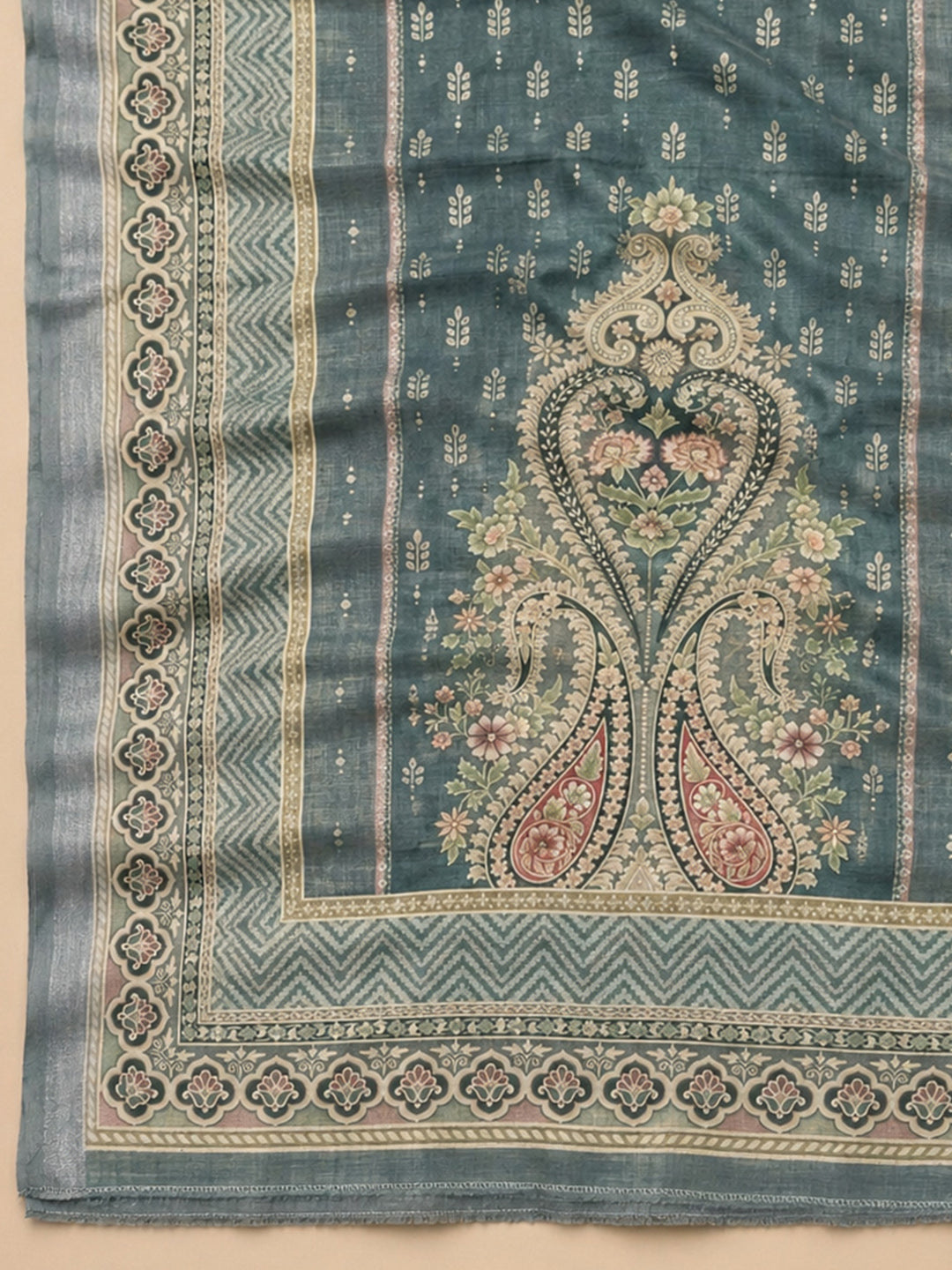 Blue Printed Chanderi Unstitched Suit &amp; Pant With Chanderi Dupatta